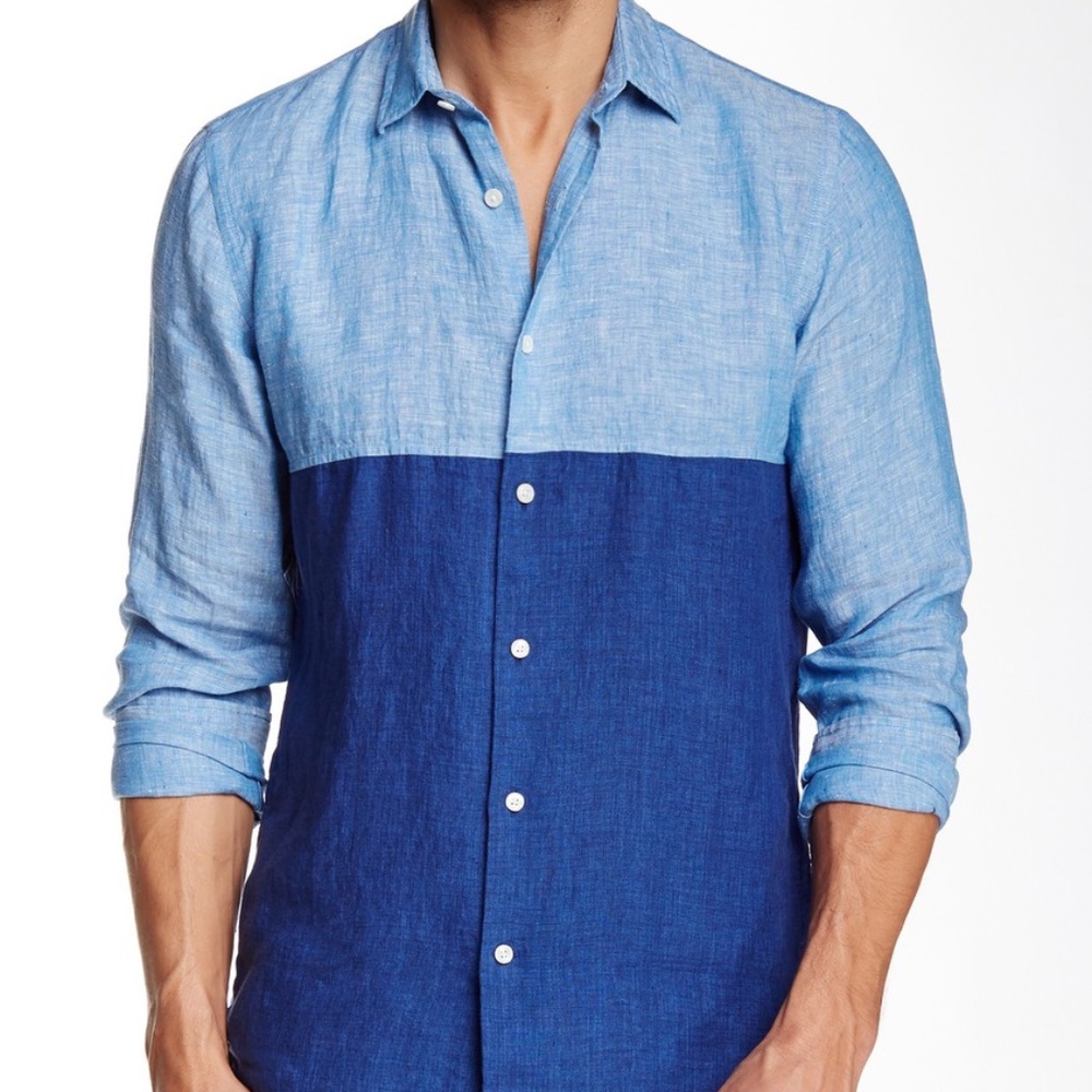 Vince Colorblock Long Sleeve Slim Fit Linen Shirt